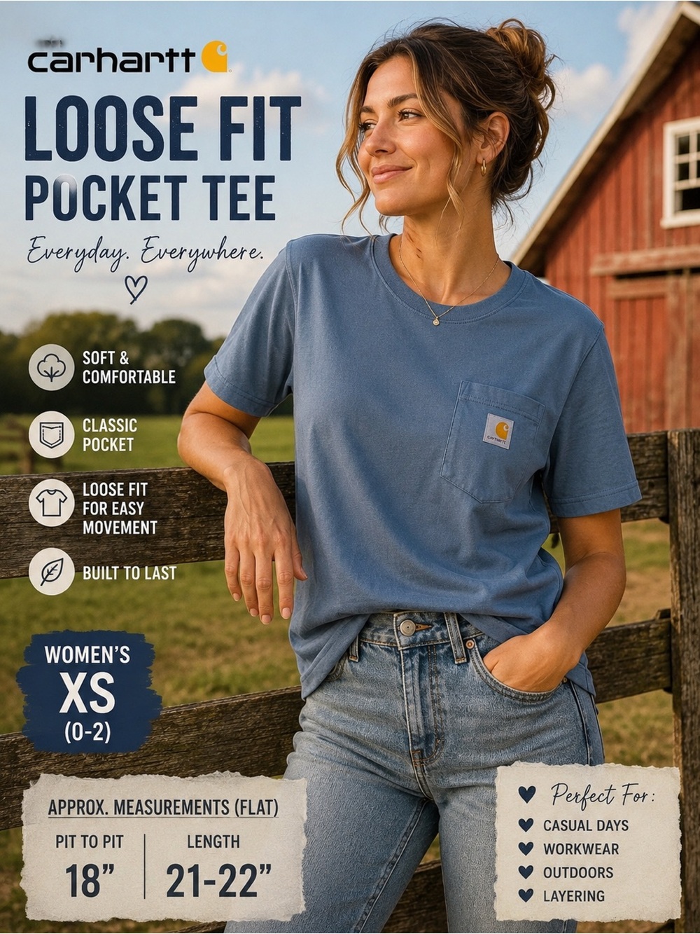 Carhartt Loose Fit Pocket T-Shirt Women’s XS Blue Short Sleeve Tee